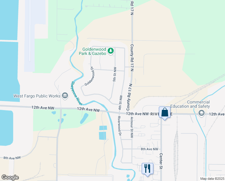 map of restaurants, bars, coffee shops, grocery stores, and more near 1313 5th Street Circle Northwest in West Fargo