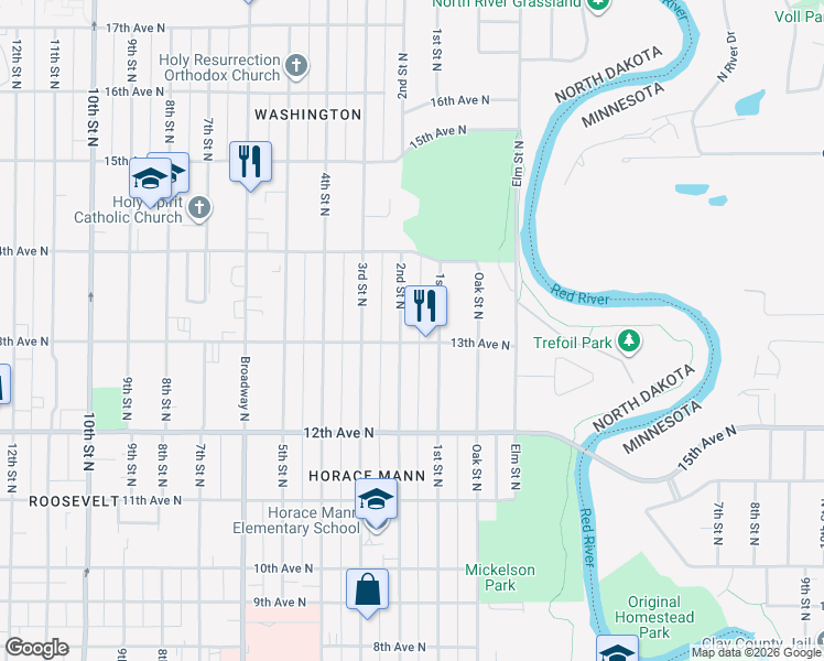 map of restaurants, bars, coffee shops, grocery stores, and more near 1305 2nd Street North in Fargo