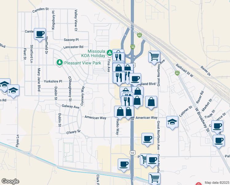 map of restaurants, bars, coffee shops, grocery stores, and more near 2902 Tina Avenue in Missoula