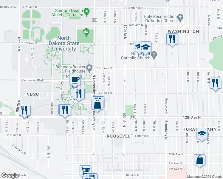 map of restaurants, bars, coffee shops, grocery stores, and more near 1303 11th Street North in Fargo
