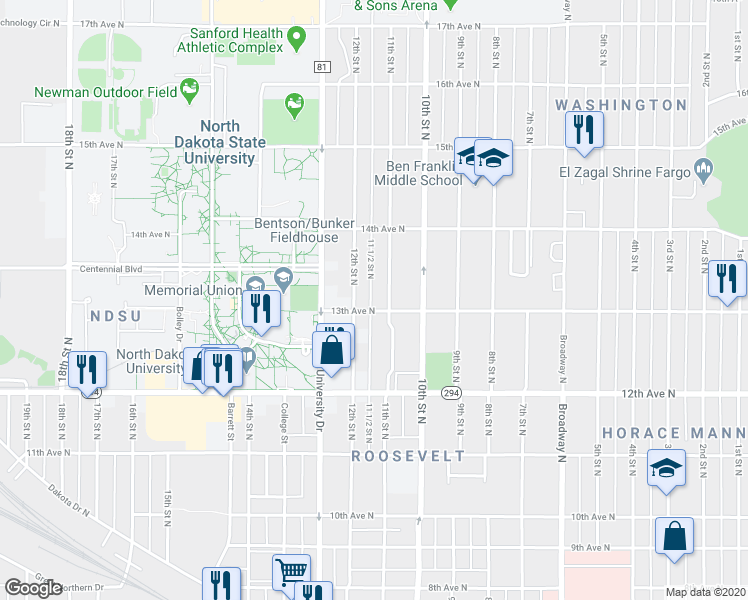 map of restaurants, bars, coffee shops, grocery stores, and more near 1117 13th Avenue North in Fargo