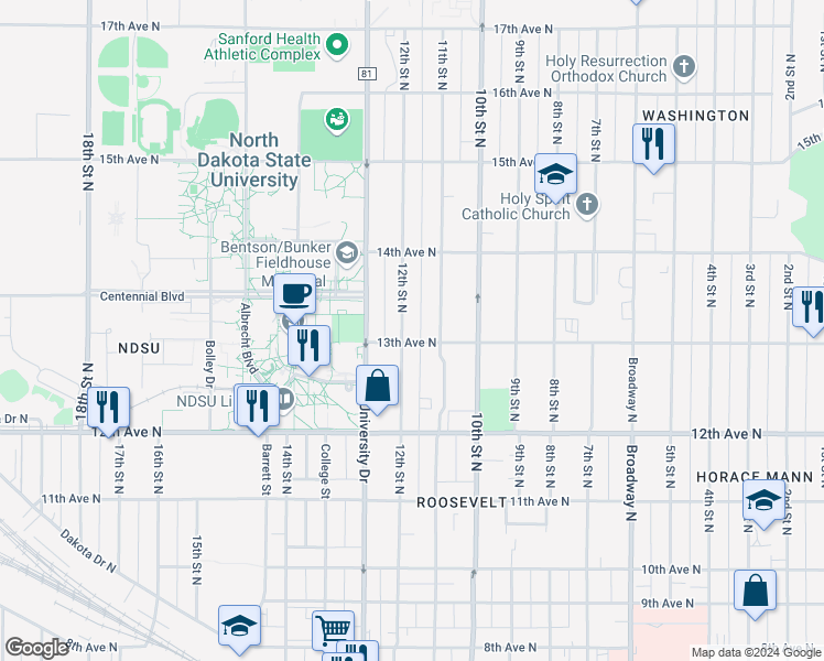 map of restaurants, bars, coffee shops, grocery stores, and more near 1117 13th Avenue North in Fargo