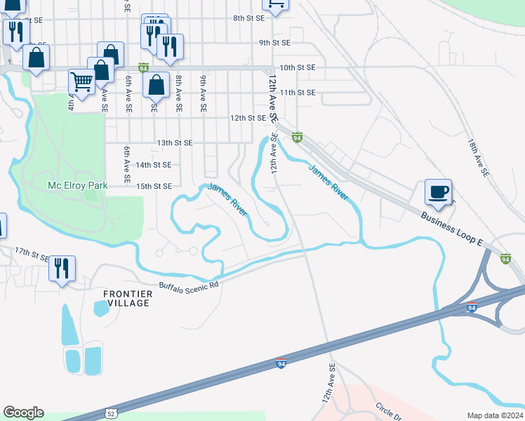 map of restaurants, bars, coffee shops, grocery stores, and more near 1511 Gardenette Drive in Jamestown