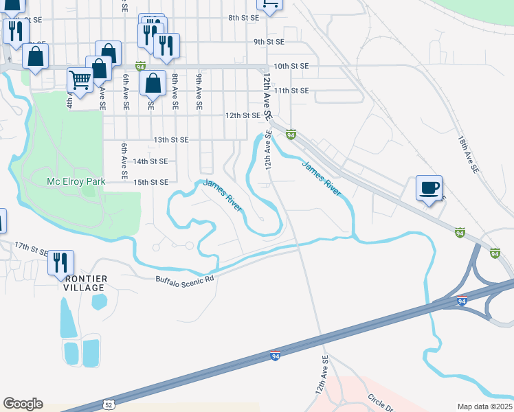 map of restaurants, bars, coffee shops, grocery stores, and more near 1511 Gardenette Drive in Jamestown