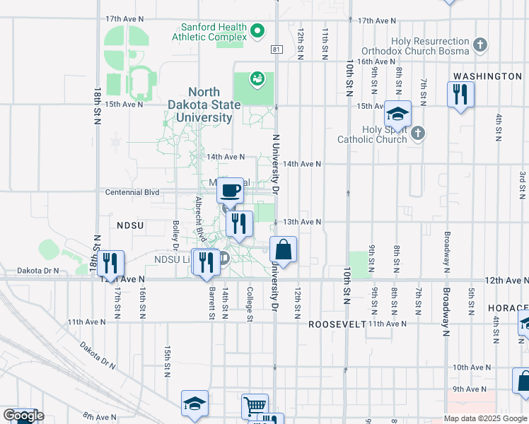 map of restaurants, bars, coffee shops, grocery stores, and more near 1322 North University Drive in Fargo