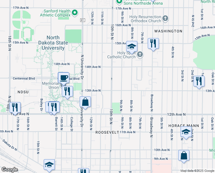 map of restaurants, bars, coffee shops, grocery stores, and more near 1303 11th Street North in Fargo