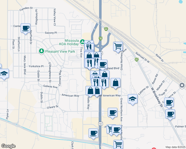 map of restaurants, bars, coffee shops, grocery stores, and more near 3063 North Reserve Street in Missoula