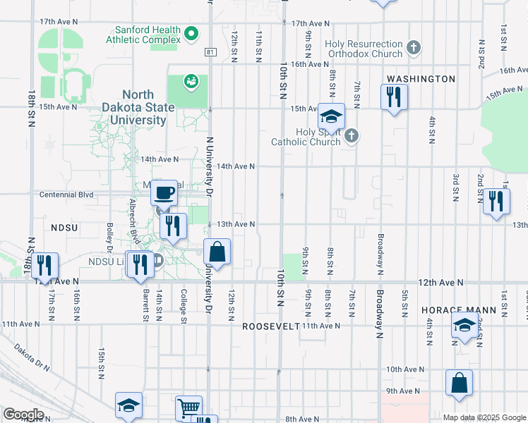 map of restaurants, bars, coffee shops, grocery stores, and more near 1303 11th Street North in Fargo