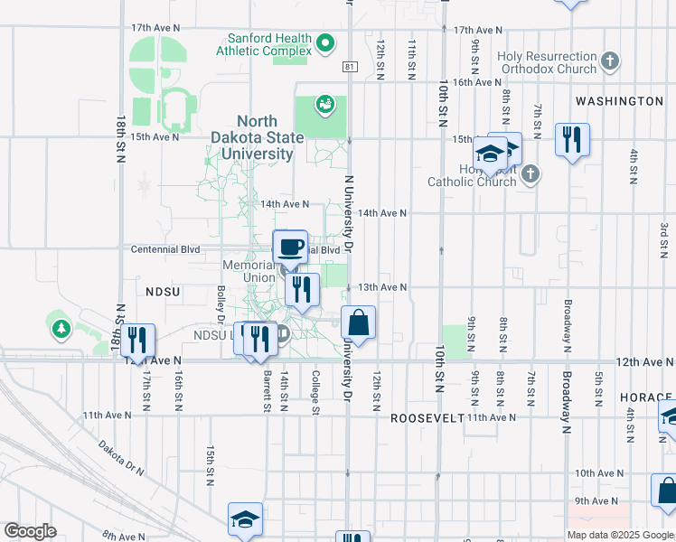 map of restaurants, bars, coffee shops, grocery stores, and more near 1322 North University Drive in Fargo