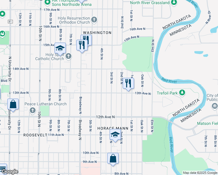 map of restaurants, bars, coffee shops, grocery stores, and more near 1312 3rd Street North in Fargo
