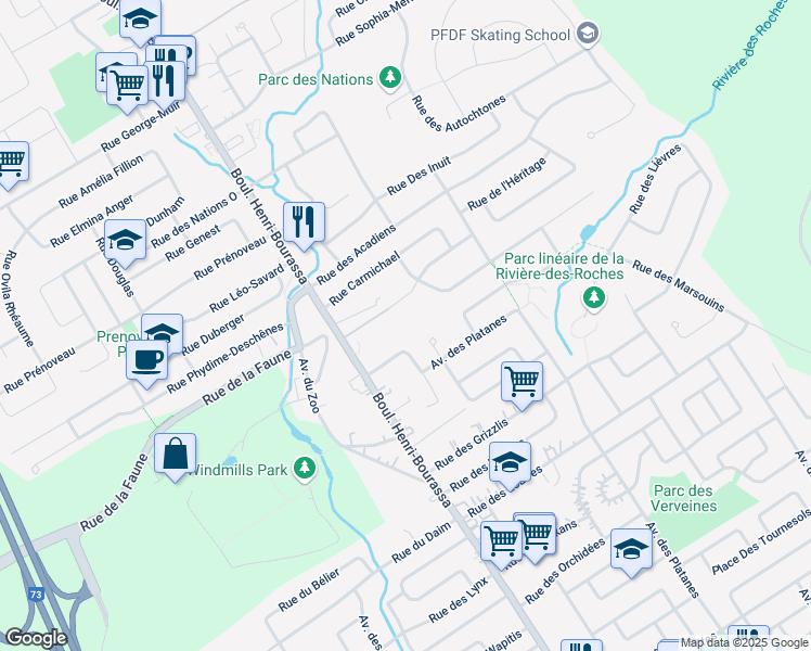 map of restaurants, bars, coffee shops, grocery stores, and more near 7843 Rue des Santolines in Ville de Québec
