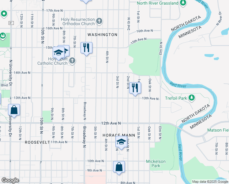 map of restaurants, bars, coffee shops, grocery stores, and more near 1301 3rd Street North in Fargo