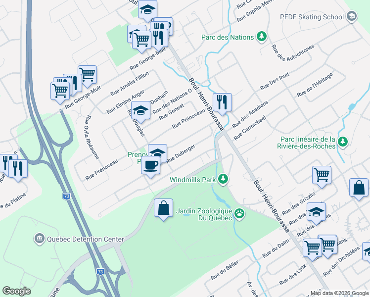 map of restaurants, bars, coffee shops, grocery stores, and more near 94 Rue Duberger in Québec