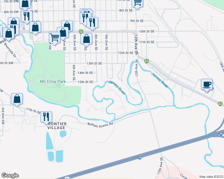 map of restaurants, bars, coffee shops, grocery stores, and more near 1511 9th Avenue Southeast in Jamestown