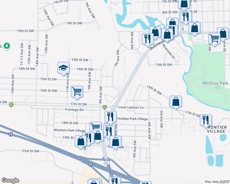 map of restaurants, bars, coffee shops, grocery stores, and more near 1606 6th Avenue Southwest in Jamestown