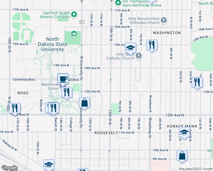 map of restaurants, bars, coffee shops, grocery stores, and more near 1303 11th Street North in Fargo