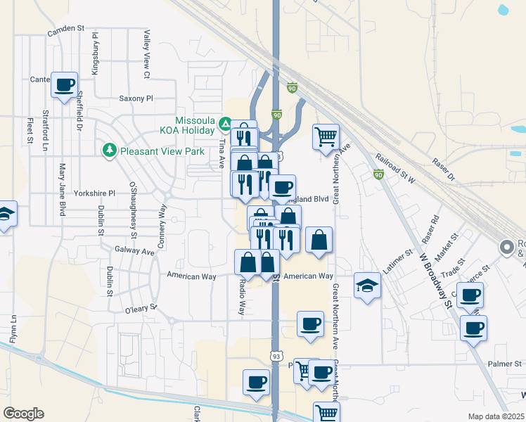 map of restaurants, bars, coffee shops, grocery stores, and more near 3205 North Reserve Street in Missoula