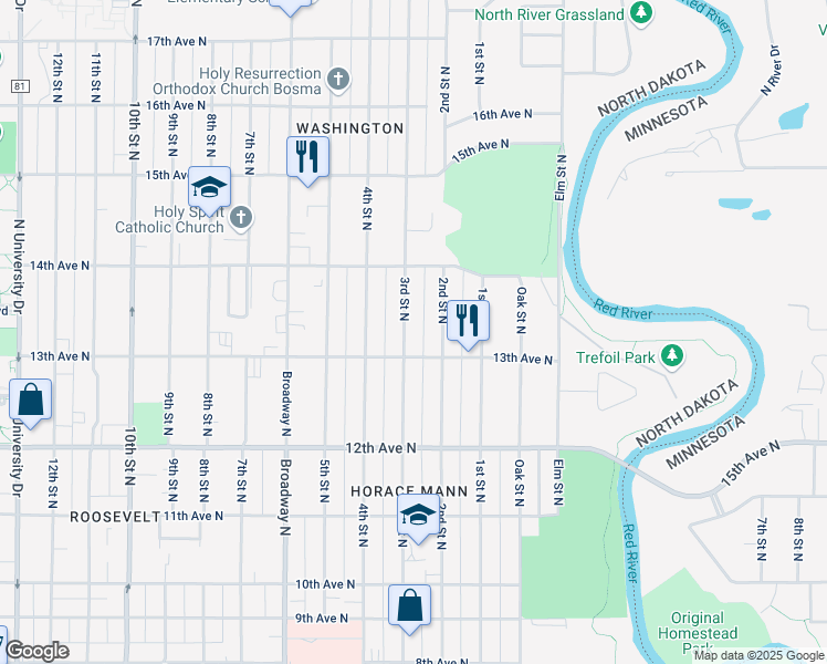 map of restaurants, bars, coffee shops, grocery stores, and more near 1315 3rd Street North in Fargo