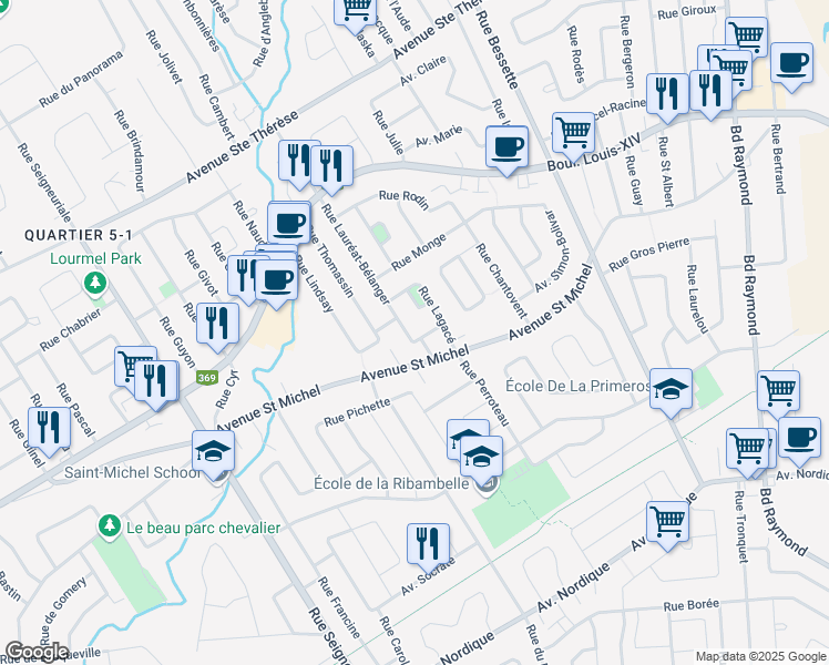 map of restaurants, bars, coffee shops, grocery stores, and more near 12 Rue Lauréat-Bélanger in Québec