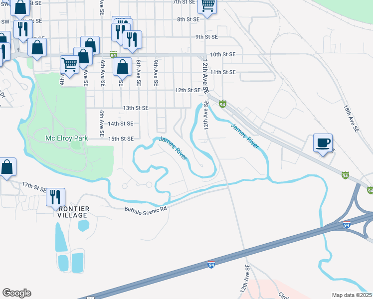 map of restaurants, bars, coffee shops, grocery stores, and more near 1511-1699 9th Avenue Southeast in Jamestown