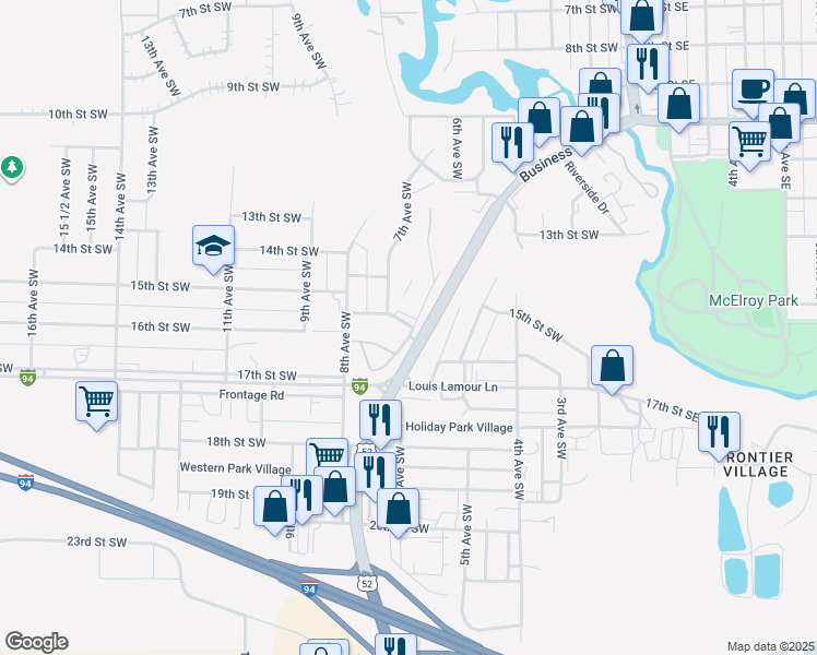 map of restaurants, bars, coffee shops, grocery stores, and more near 1606 6th Avenue Southwest in Jamestown