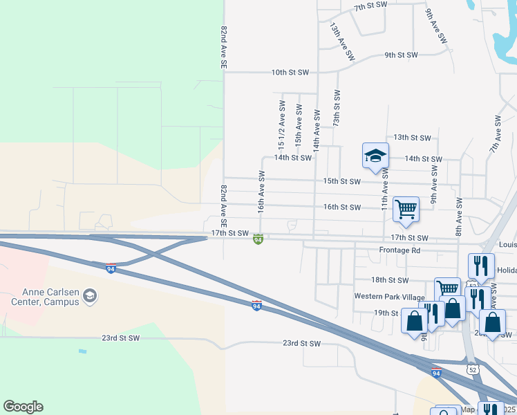 map of restaurants, bars, coffee shops, grocery stores, and more near 1600 17th Street Southwest in Jamestown