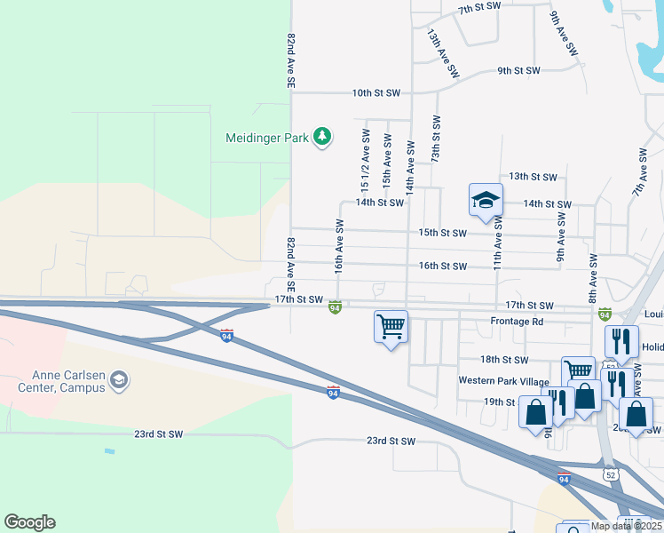 map of restaurants, bars, coffee shops, grocery stores, and more near 1600 17th Street Southwest in Jamestown