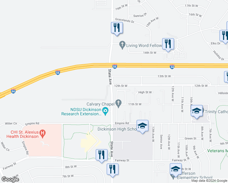 map of restaurants, bars, coffee shops, grocery stores, and more near 1150 17th Avenue West in Dickinson