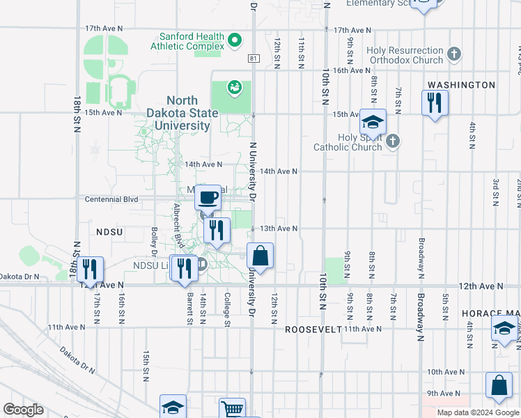 map of restaurants, bars, coffee shops, grocery stores, and more near 1303 North University Drive in Fargo