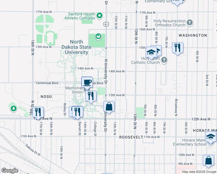 map of restaurants, bars, coffee shops, grocery stores, and more near 1303 North University Drive in Fargo