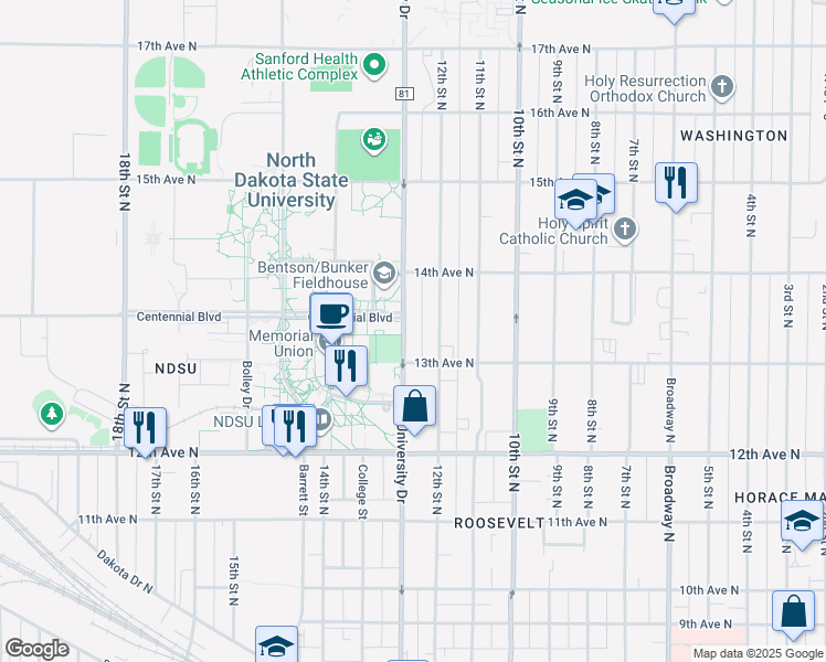 map of restaurants, bars, coffee shops, grocery stores, and more near 1303 North University Drive in Fargo
