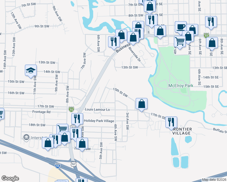 map of restaurants, bars, coffee shops, grocery stores, and more near 400-466 16th St SW in Jamestown