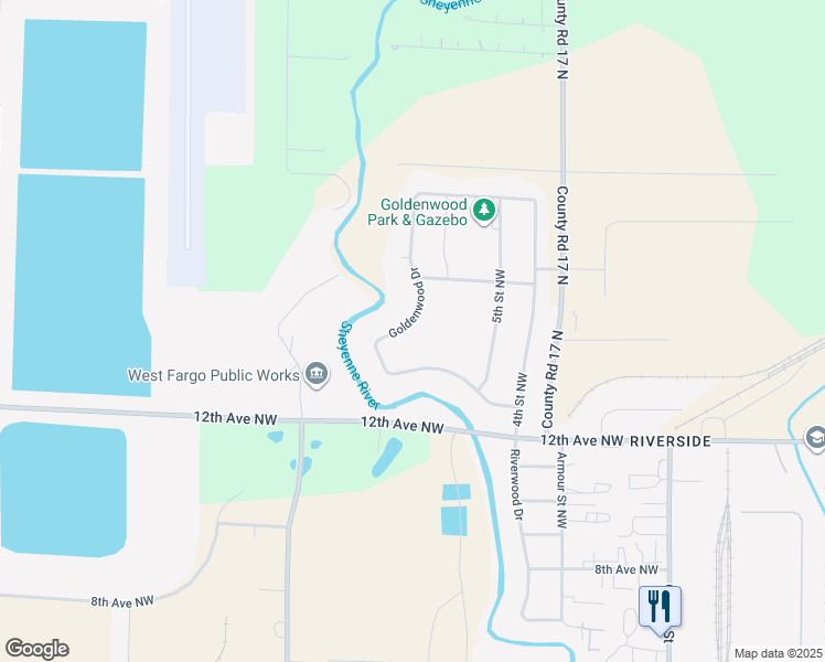 map of restaurants, bars, coffee shops, grocery stores, and more near 1265 Goldenwood Drive in West Fargo