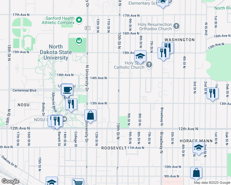 map of restaurants, bars, coffee shops, grocery stores, and more near 1318 10th Street North in Fargo