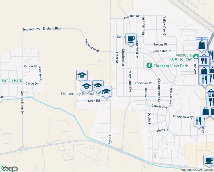 map of restaurants, bars, coffee shops, grocery stores, and more near 2385 Flynn Lane in Missoula