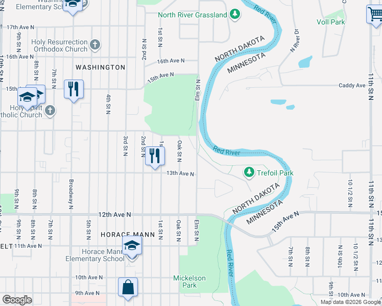 map of restaurants, bars, coffee shops, grocery stores, and more near Fargo Mickelson/Tricorn Bike Path in Fargo