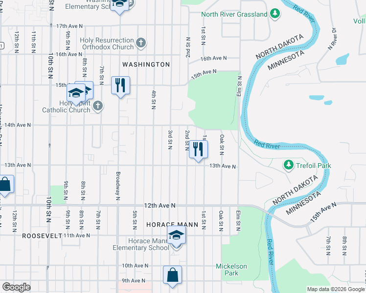 map of restaurants, bars, coffee shops, grocery stores, and more near 1345 2nd Street North in Fargo