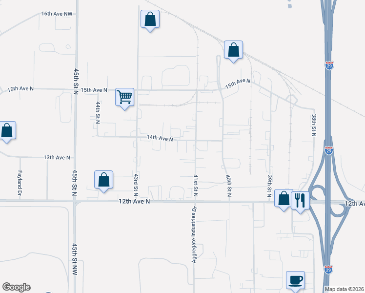 map of restaurants, bars, coffee shops, grocery stores, and more near 1402 41st Street North in Fargo