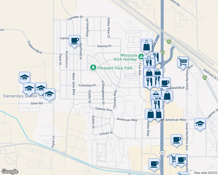 map of restaurants, bars, coffee shops, grocery stores, and more near 3820 England Boulevard in Missoula