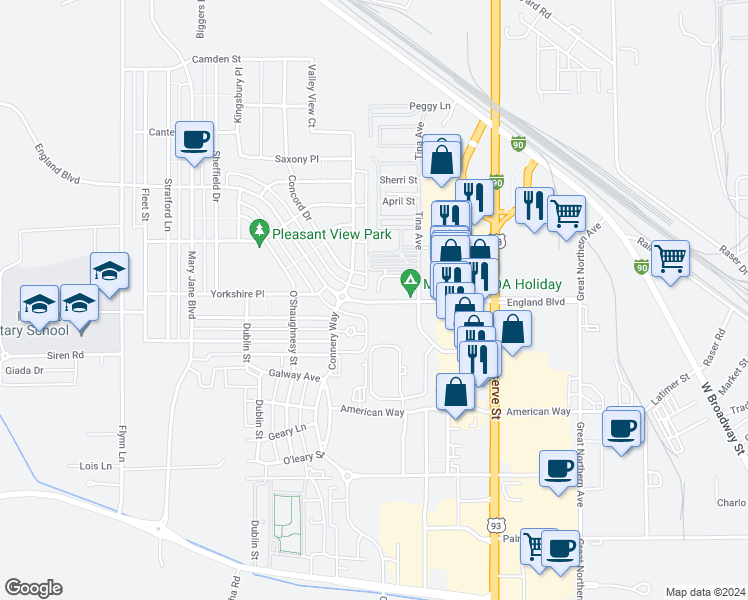 map of restaurants, bars, coffee shops, grocery stores, and more near 3741 Concord Drive in Missoula