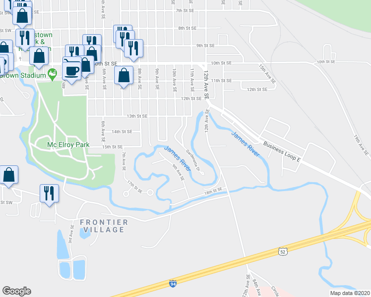 map of restaurants, bars, coffee shops, grocery stores, and more near 1496 Gardenette Drive in Jamestown