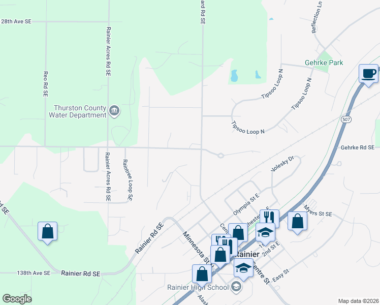 map of restaurants, bars, coffee shops, grocery stores, and more near 201 133rd Avenue Southeast in Rainier