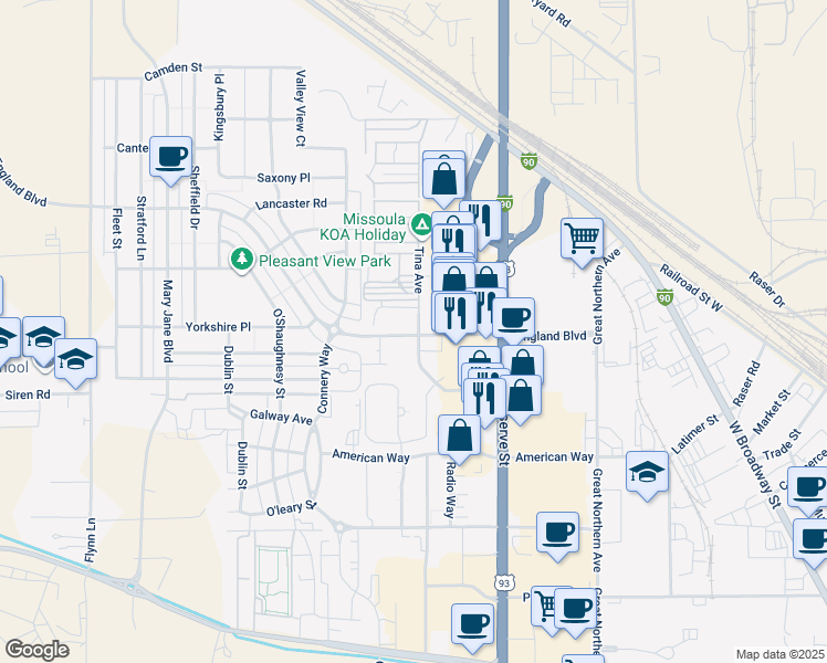 map of restaurants, bars, coffee shops, grocery stores, and more near 3451 England Boulevard in Missoula