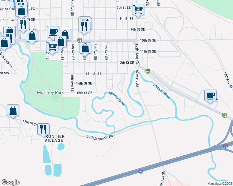 map of restaurants, bars, coffee shops, grocery stores, and more near 1410 Gardenette Drive in Jamestown