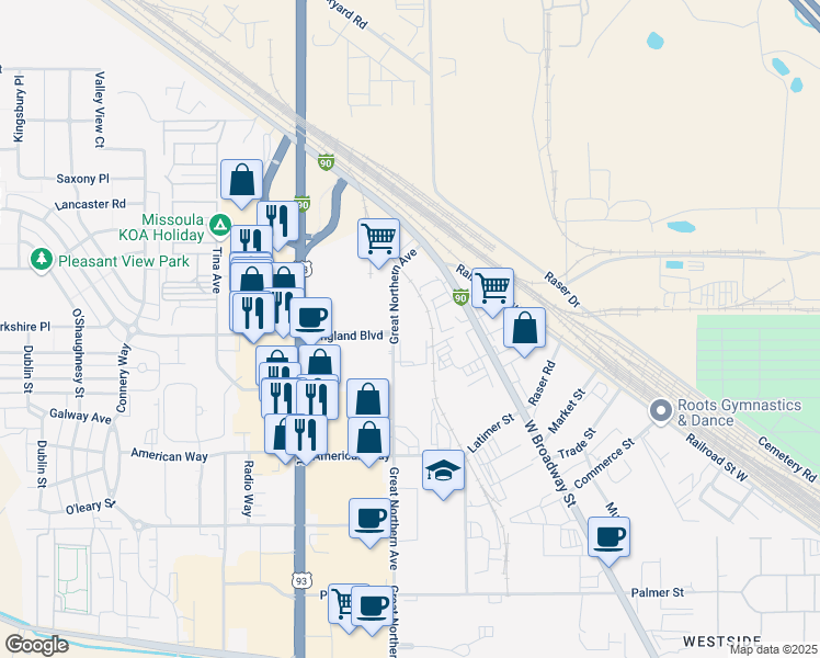 map of restaurants, bars, coffee shops, grocery stores, and more near 3320 Great Northern Avenue in Missoula