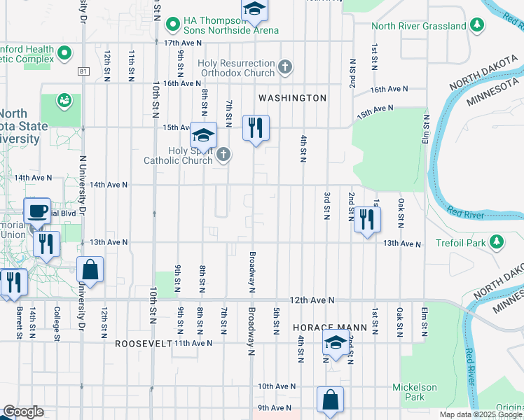 map of restaurants, bars, coffee shops, grocery stores, and more near 1337 Broadway North in Fargo