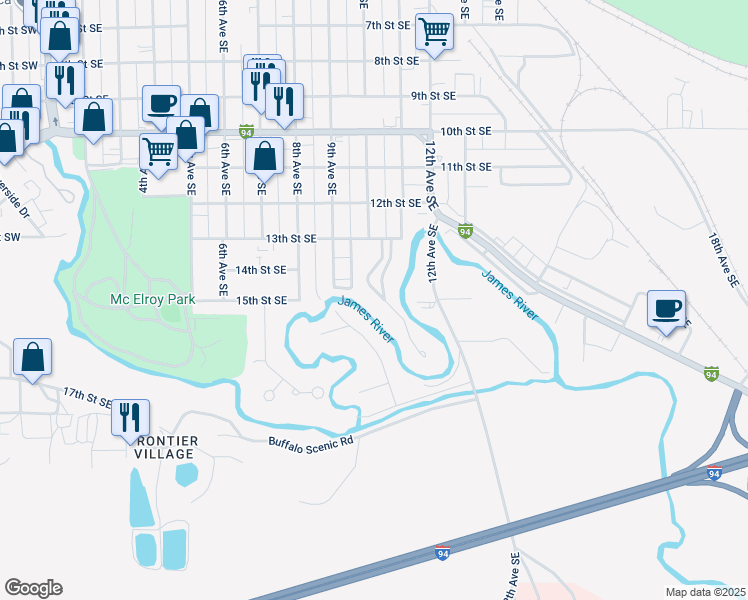 map of restaurants, bars, coffee shops, grocery stores, and more near 1410 Gardenette Drive in Jamestown