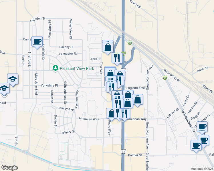 map of restaurants, bars, coffee shops, grocery stores, and more near 3206 Tina Avenue in Missoula