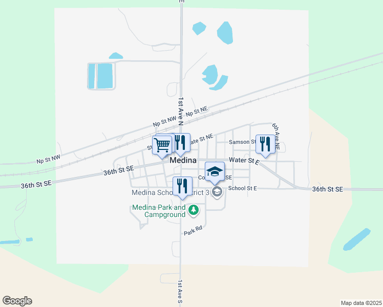 map of restaurants, bars, coffee shops, grocery stores, and more near 188-298 2nd Avenue Northeast in Medina