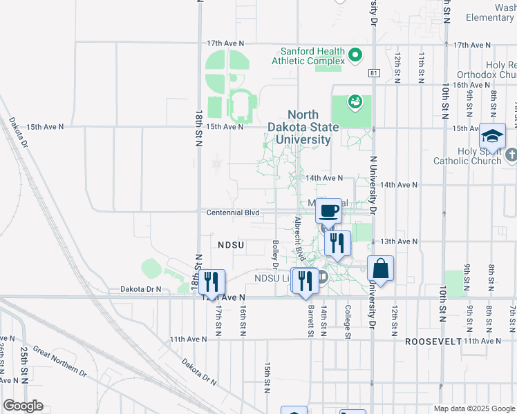 map of restaurants, bars, coffee shops, grocery stores, and more near in Fargo